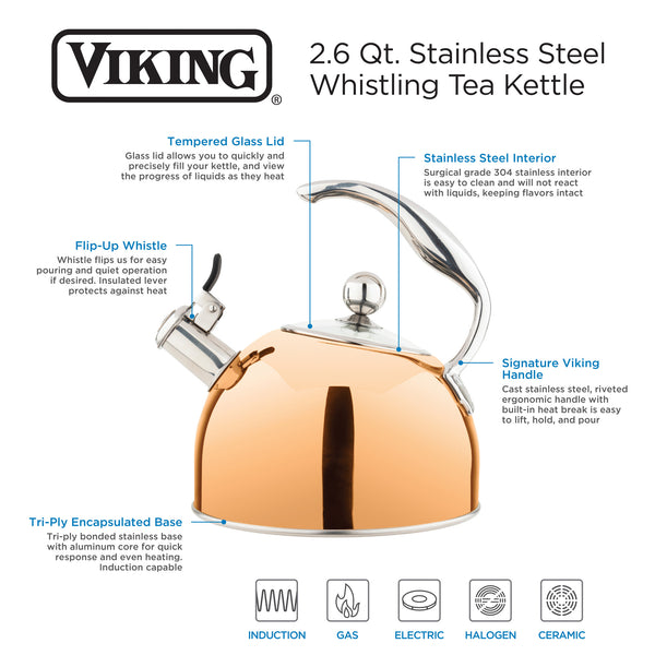 Viking 2.6Quart Copper/Stainless Steel Whistling Kettle with 3Ply Ba