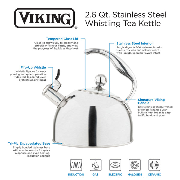 Viking 2.6Quart Satin Stainless Steel Whistling Kettle with 3Ply Bas Viking Culinary Costco Next