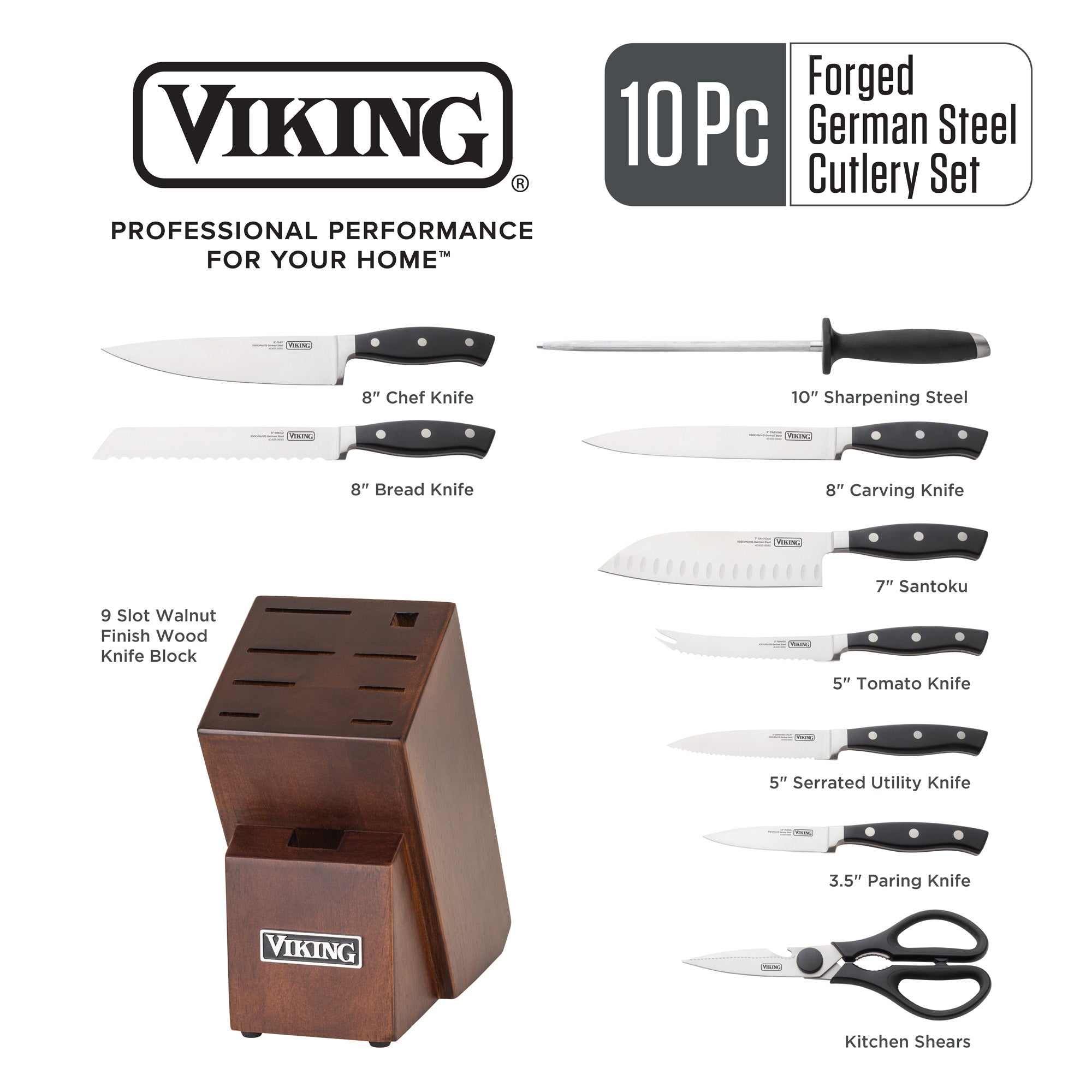 Viking 10-Piece Cutlery Block with Butcher Block Prep & Serving Board Set