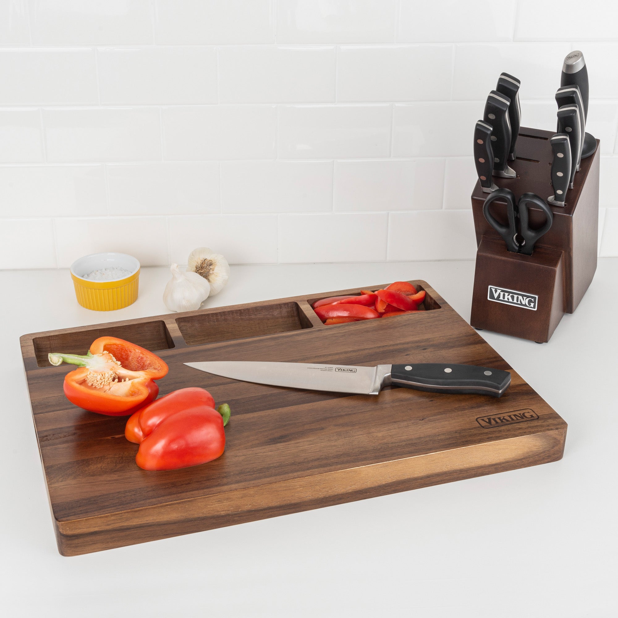 Viking 10-Piece Cutlery Block with Butcher Block Prep & Serving Board Set
