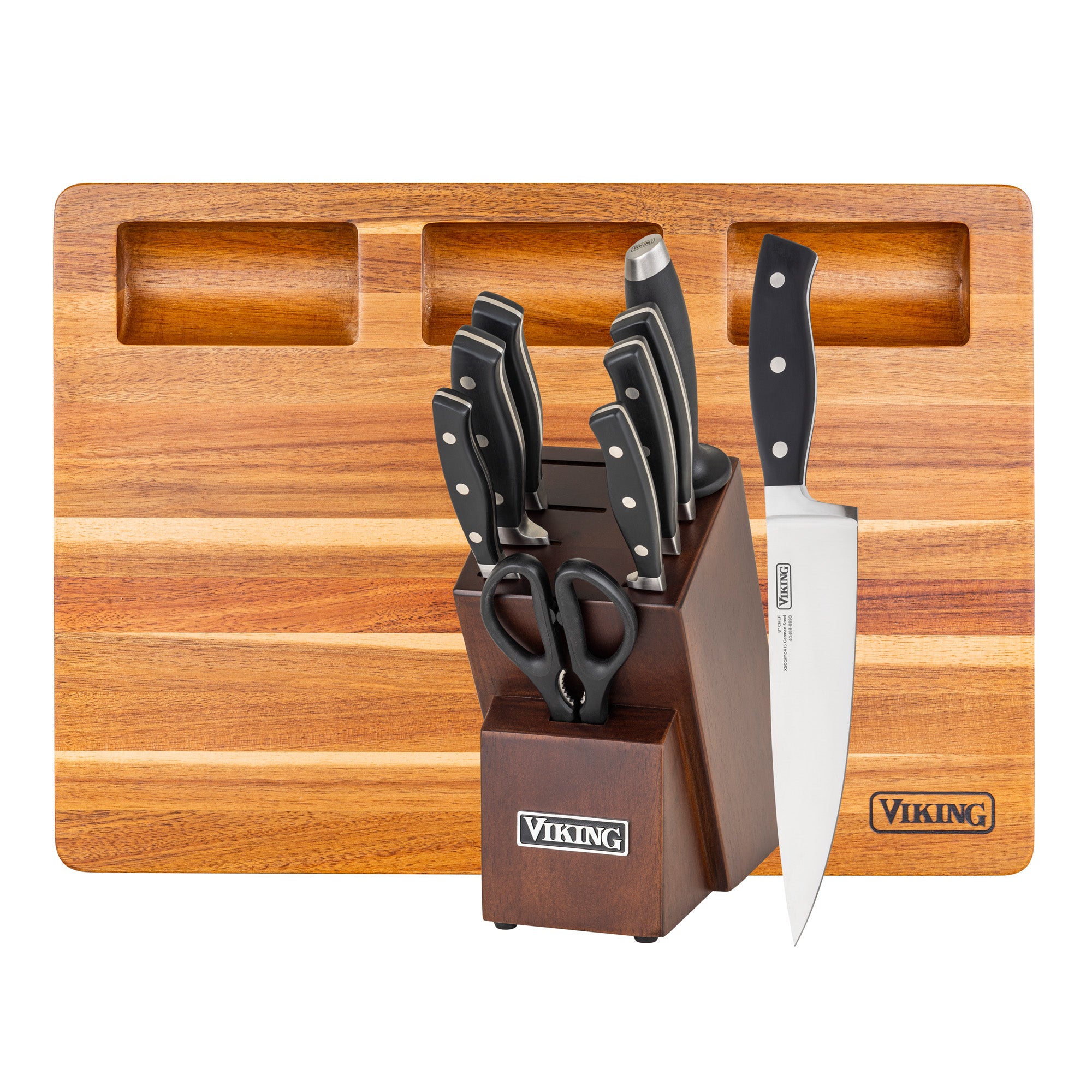 Viking 10-Piece Cutlery Block with Butcher Block Prep & Serving Board Set