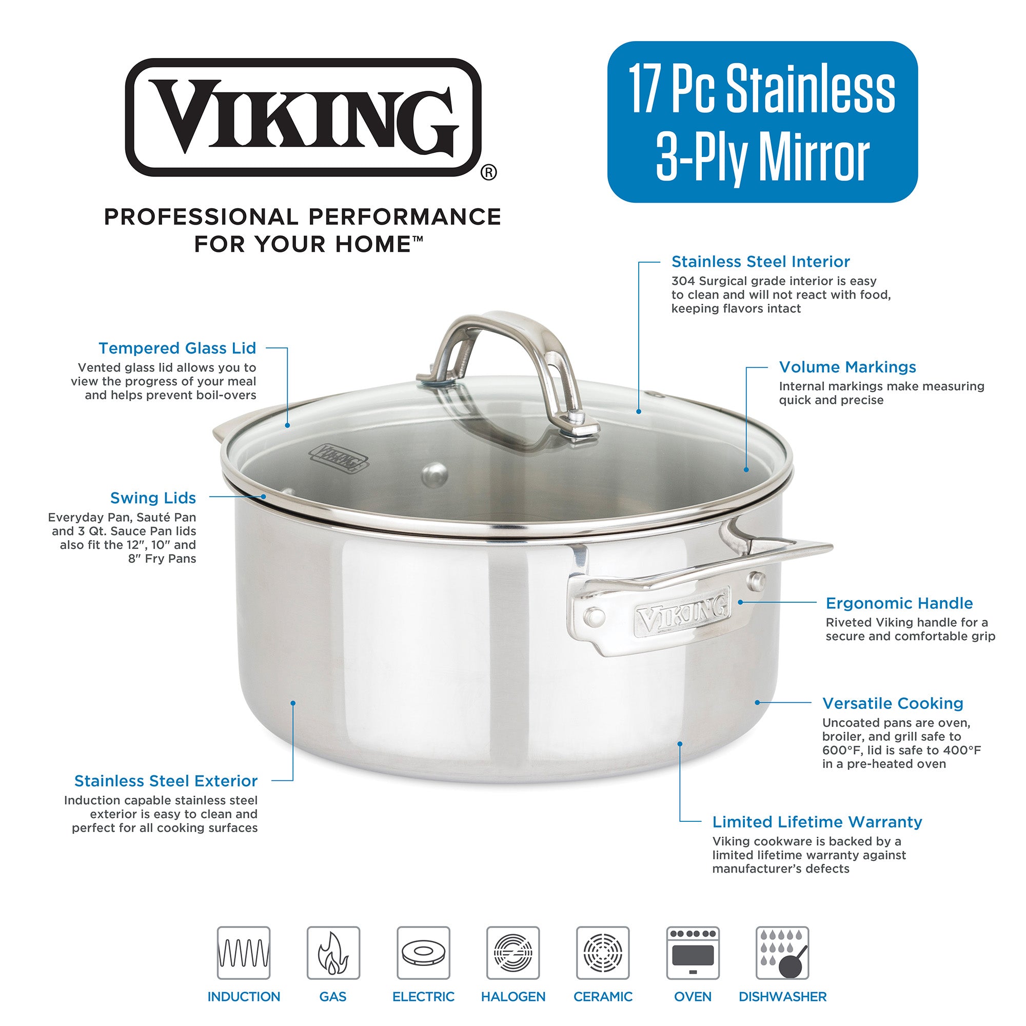 Viking 3-Ply 17 Piece Stainless Steel Cookware Set with Glass Lids