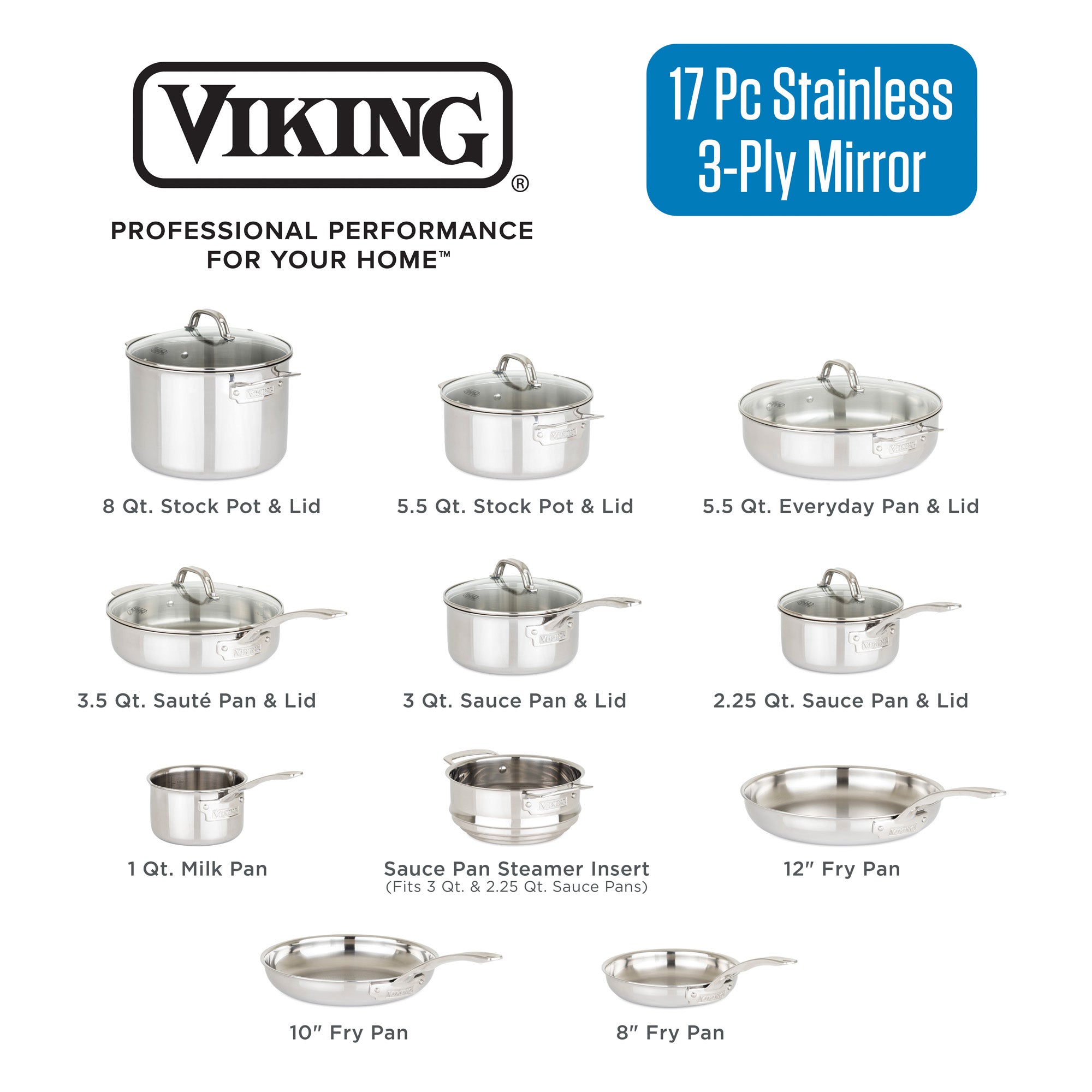 Viking 3-Ply 17 Piece Stainless Steel Cookware Set with Glass Lids