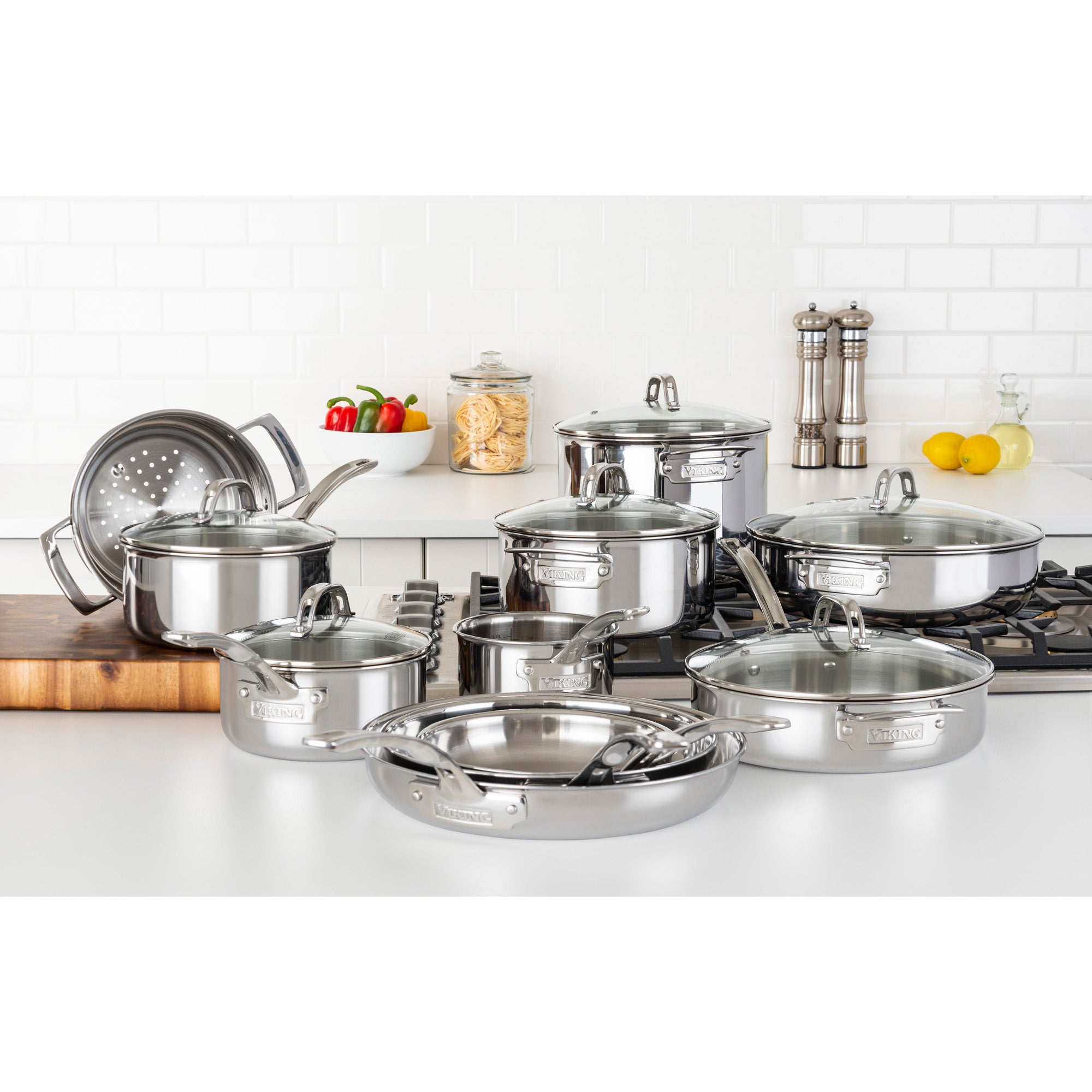 Viking 3-Ply 17 Piece Stainless Steel Cookware Set with Glass Lids