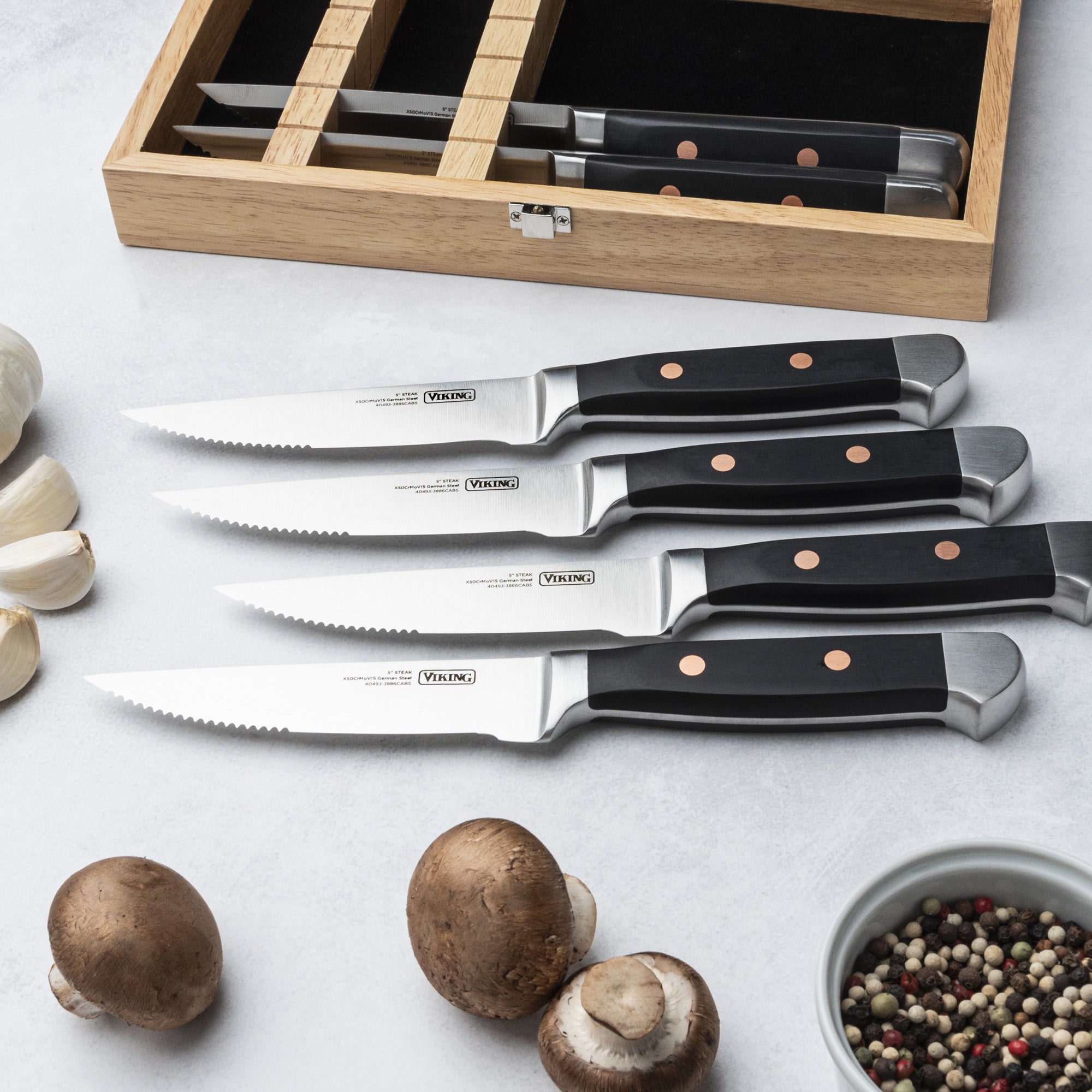 Viking 6-Piece German Steel Steak Knife Set with Copper Rivets & Rubberwood Box