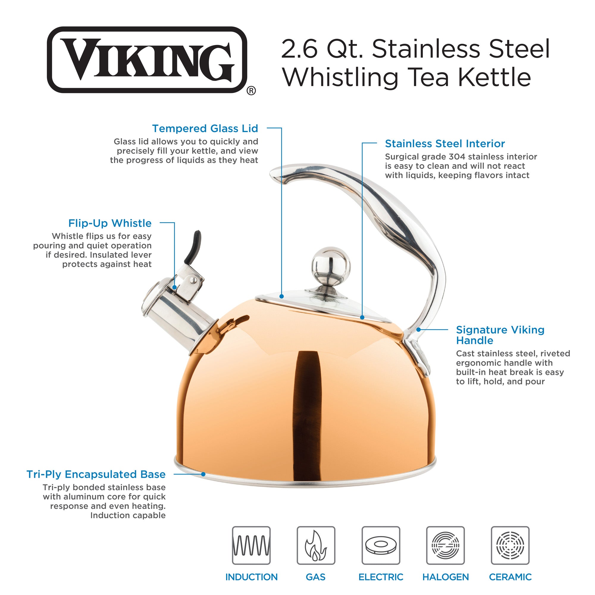 Viking 2.6-Quart Copper/Stainless Steel Whistling Kettle with 3-Ply Base