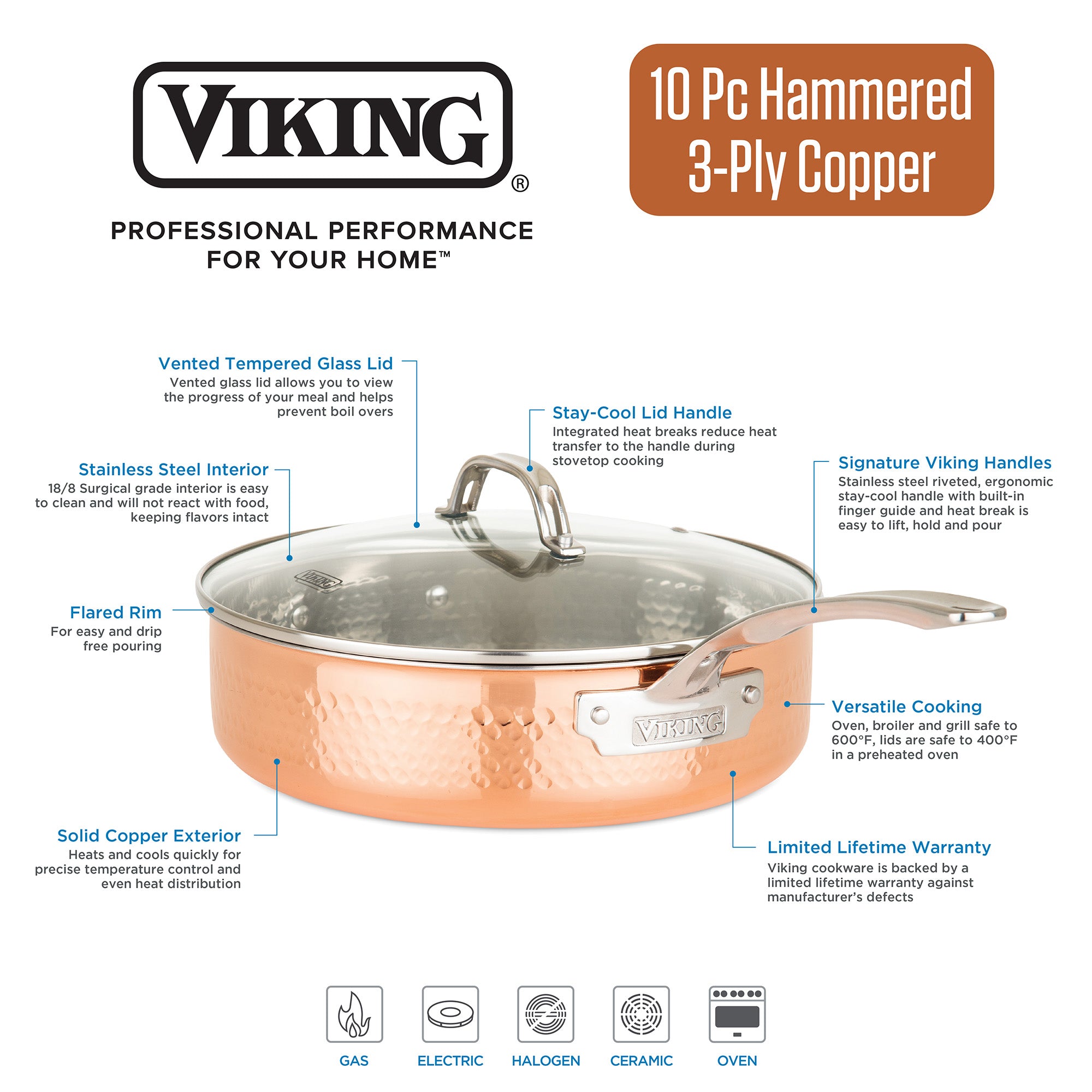 Viking 10-Piece 3-Ply Hammered Copper Clad Cookware Set