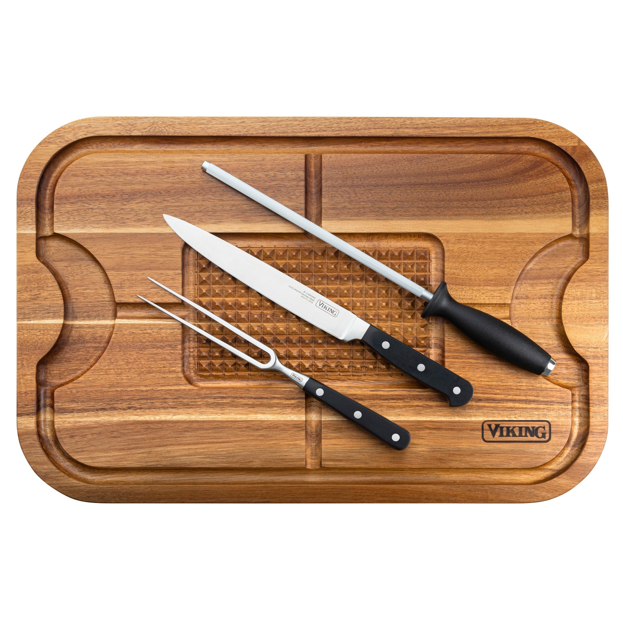 Viking Acacia Wood Cutting Board with 3-Piece German Steel Carving Set