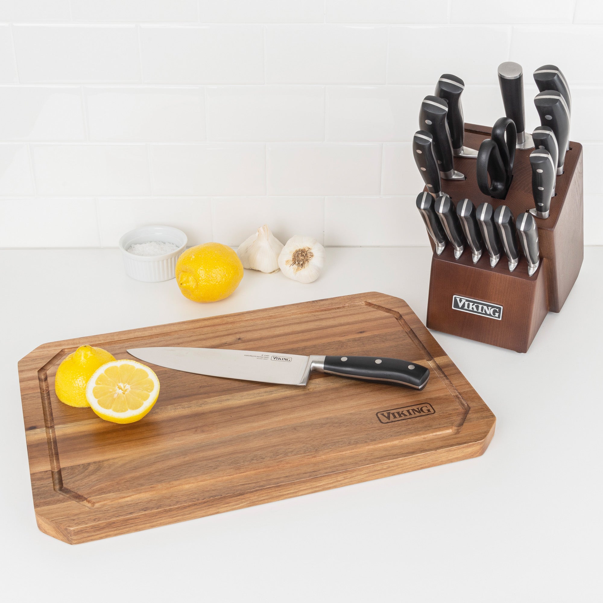 Viking 17-Piece German Steel Forged Cutlery Block Set with Acacia Cutting Board