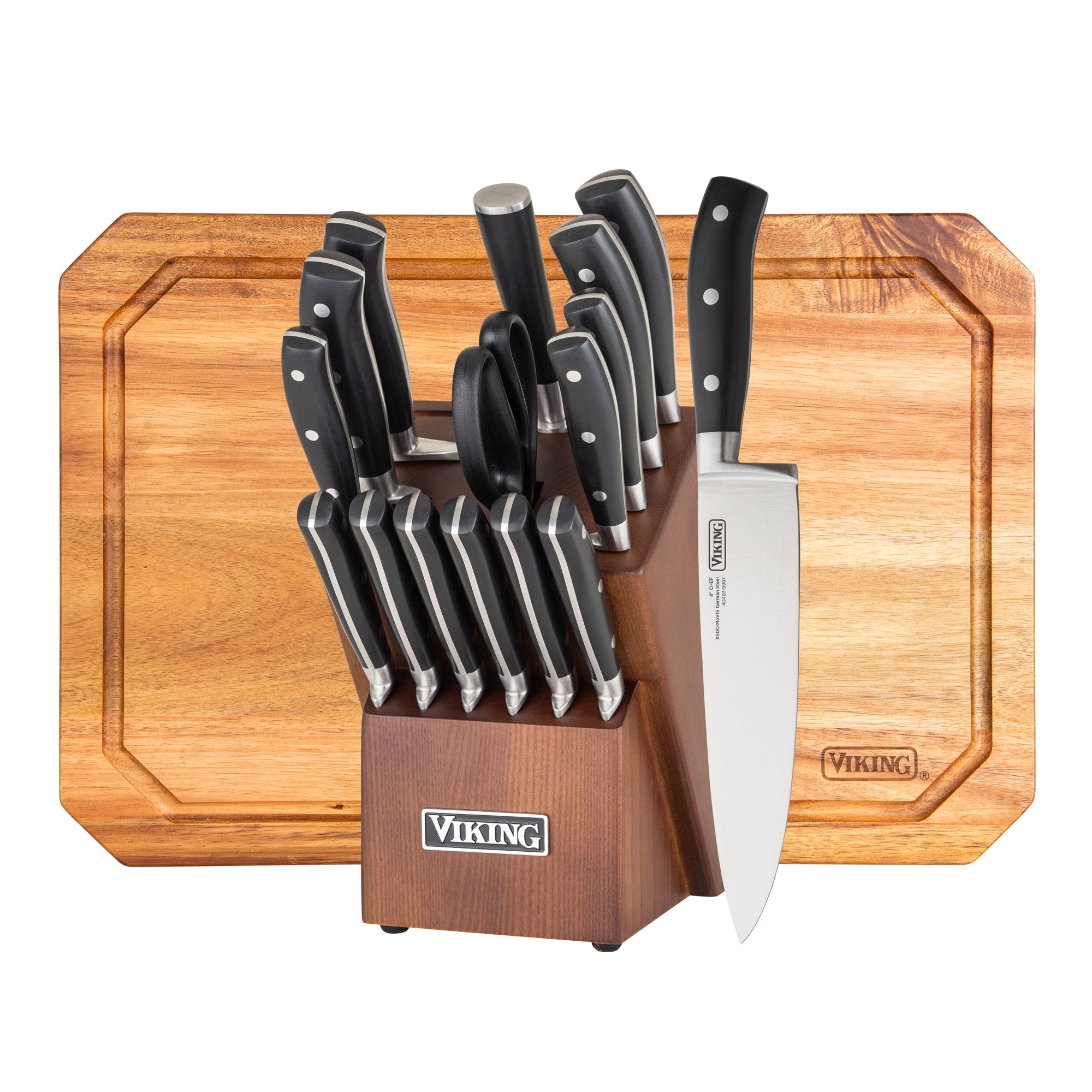 Viking 17-Piece German Steel Forged Cutlery Block Set with Acacia Cutting Board